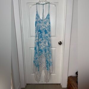 Free to Fly Blue and White Floral Midi Dress with Lace Handkerchief Hem
